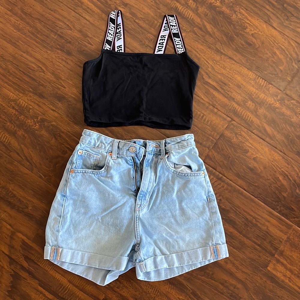 Crop top tank, Mom Jean shorts